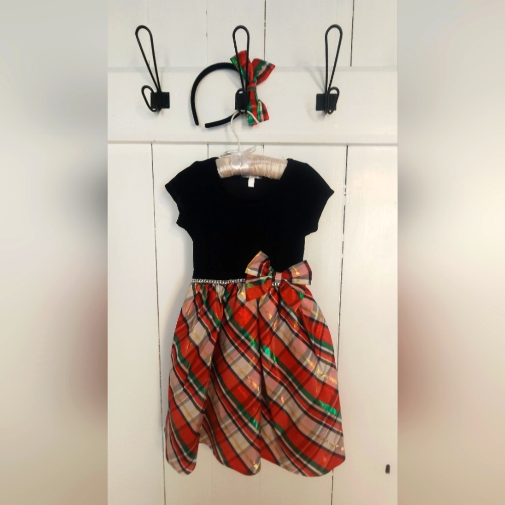 Tahari Black Velvet & Plaid Christmas/Holiday Size 4 Dress and Matching Headband